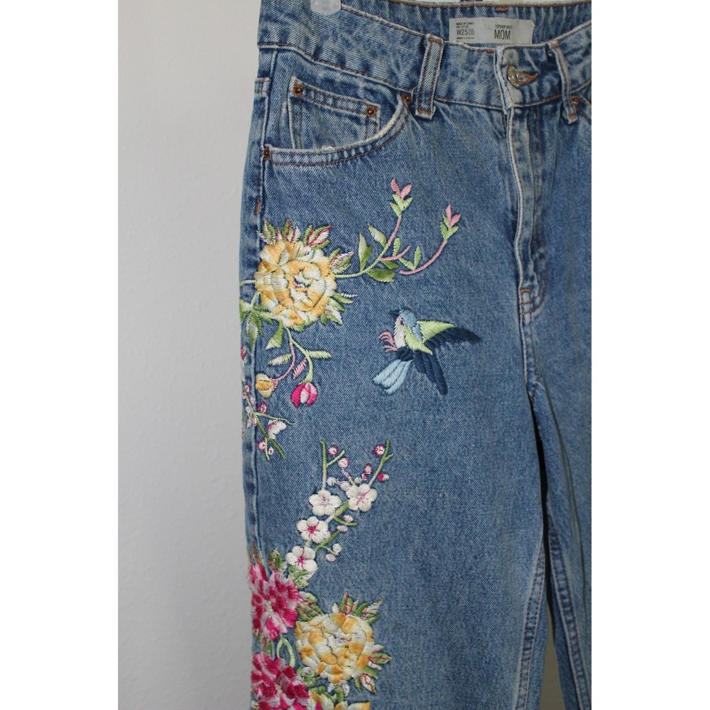 Topshop Moto Mom Jeans 25x32 Floral Hummingbird Embroidered High Rise No Stretch - Picture 3 of 12